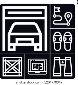 Set of 6 view outline icons such as box, house plan, route, garage, binoculars