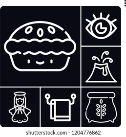 Set of 6 view outline icons such as angel, towel, volcano, eye, apple pie