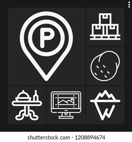 Set of 6 view outline icons such as glaciers, potato, computer, box, parking