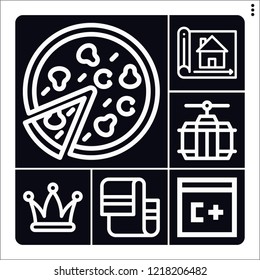 Set of 6 view outline icons such as hat, pizza, house plan, cable car cabin, towel
