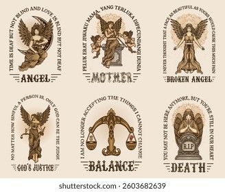 Set of 6 vintage angel with various poses and styles. engraving style. vector design