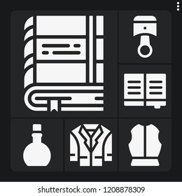 Set of 6 vintage filled icons such as book, armour, potion, piston