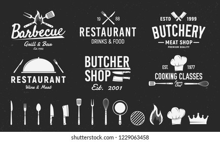 Set of 6 Vintage logos and 14 design elements for logo, emblem. Restaurant business. Butchery, Barbecue, Restaurant emblems templates. Vector illustration