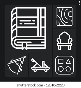 Set of 6 vintage outline icons such as throne, compass, wood, catapult, book