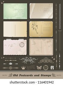 set of 6 vintage postcard and elements for design of cards and letters