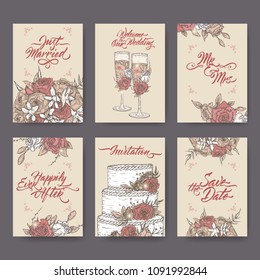 Set of 6 vintage Wedding cards based on sketches and brush calligraphy. Includes wine glass, bouquet floral decor and cake sketch. Great for holiday design.