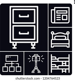 Set of 6 wall outline icons such as structure, cabinet, spotlight, bed, bunk