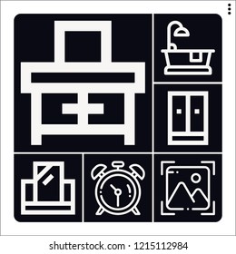 Set of 6 wall outline icons such as photo, clocks, mirror, dresser, bathtub