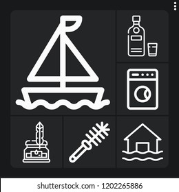 Set of 6 water outline icons such as vodka, sailing boat, ink, washing machine, toilet brush