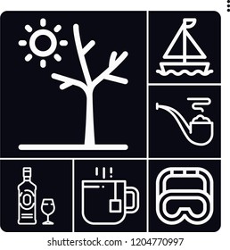Set of 6 water outline icons such as tea, gin, sailing boat, drought, pipe