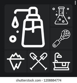 Set of 6 water outline icons such as flask, glaciers, liquid soap, kayak, bathtub