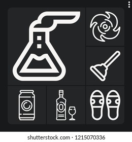 Set of 6 water outline icons such as gin, soda, plunger, cyclone, flask