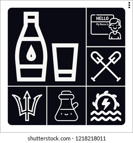 Set of 6 water outline icons such as hydro power, poseidon, water, kayak, oil