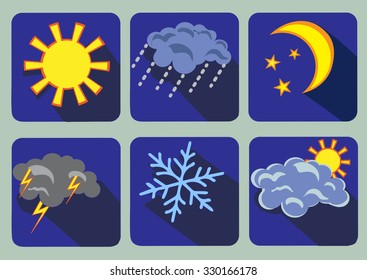 Set of 6 weather icons, flat design.