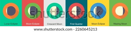 A set of 6 Weather icons as lunar eclipse, moon eclipse, crescent moon