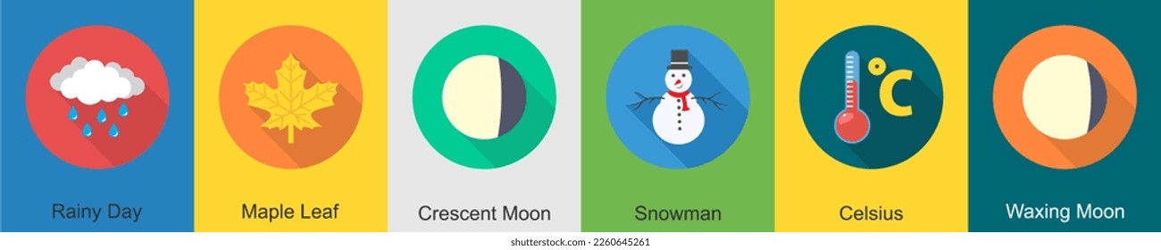 A set of 6 Weather icons as rainy day, maple leaf, crescent moon