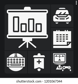 Set of 6 web filled icons such as banner, gaming, keyboard, bar chart, calendar