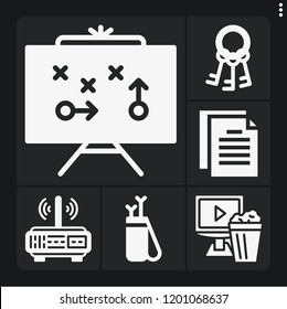 Set of 6 web filled icons such as arrow, keys, video player, router, strategy