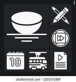 Set of 6 web filled icons such as fast forward, playlist, pencil, sphere, calendar