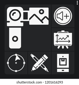 Set of 6 web filled icons such as volume, camcorder, line chart, pencil, circle