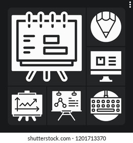 Set of 6 web filled icons such as keyboard, line chart, analytics, presentation, pencil
