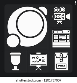 Set of 6 web filled icons such as cup, video camera, presentation, dossier, tabs
