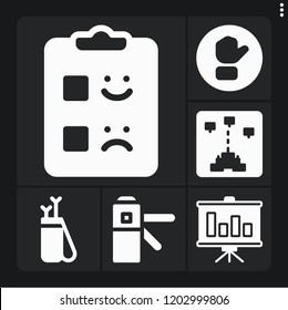 Set of 6 web filled icons such as arrow, bar chart, access, button, feedback