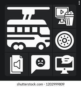 Set of 6 web filled icons such as shield, video player, audio file, trolleybus