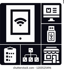 Set of 6 web filled icons such as diagram, pendrive, computer, survey, tablet