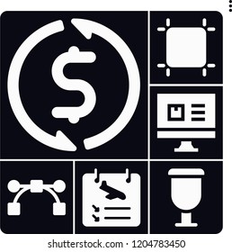 Set of 6 web filled icons such as cup, computer, arrivals, exchange, artboard