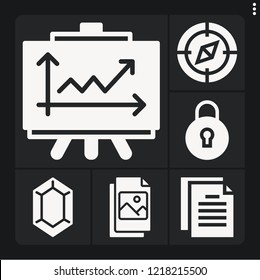 Set of 6 web filled icons such as file, line chart, checking, compass, zelda