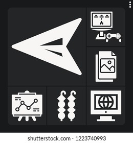 Set of 6 web filled icons such as gaming, file, presentation, green arrow, brochette