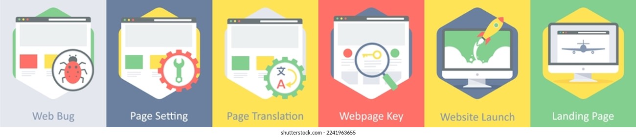 A set of 6 Web Layout icons as web bug, page setting, page translation