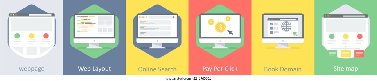 A set of 6 Web Layout icons as webpage, web layout, online search