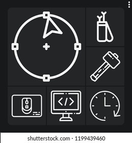 Set of 6 web outline icons such as arrow, coding, hammer, clock, mouse