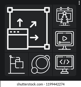 Set of 6 web outline icons such as video player, gps, coding, calendar, maximize
