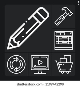 Set of 6 web outline icons such as video player, ecommerce, hammer, pencil, refresh