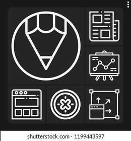 Set of 6 web outline icons such as shield, landing page, news, presentation, maximize