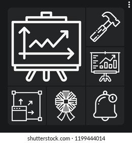 Set of 6 web outline icons such as hammer, notification, ribbons, line chart, analytics