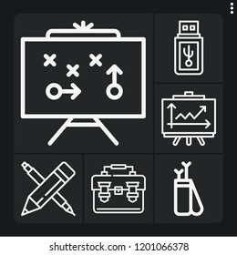 Set of 6 web outline icons such as arrow, pendrive, line chart, pencil, strategy
