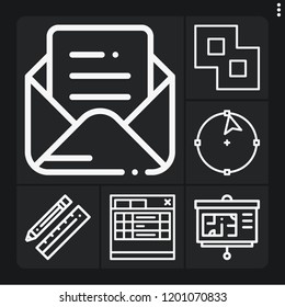 Set of 6 web outline icons such as mail, circle, tabs, merge, design
