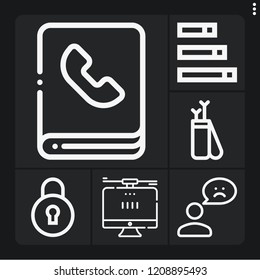 Set of 6 web outline icons such as arrow, phonebook, feedback, lock, bar chart