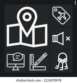 Set of 6 web outline icons such as keys, pencil, feedback, label, mute