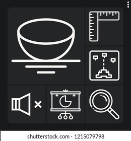 Set of 6 web outline icons such as search, pie chart, sphere, ruler, game