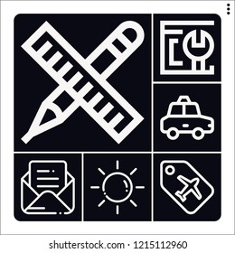 Set of 6 web outline icons such as sun, mail, label, taxi, browser