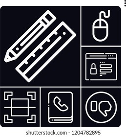 Set of 6 website outline icons such as phonebook, select, design, dislike, password
