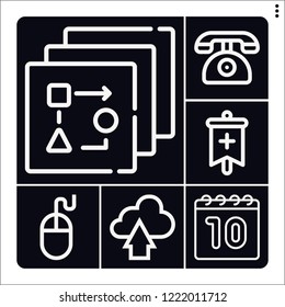 Set of 6 website outline icons such as banner, calendar, upload, flow, phone