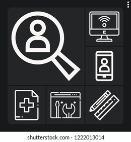 Set of 6 website outline icons such as add button, wifi, design, maintenance, search