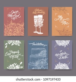 Set of 6 Wedding cards based on sketches and brush calligraphy. Includes wine glass, bouquet floral decor and cake sketch. Great for holiday design.
