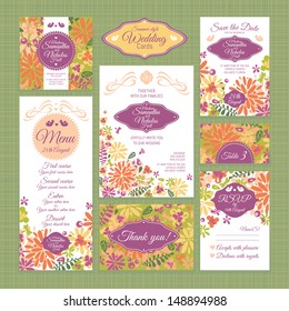 Set 6 of wedding cards. Wedding invitations, Thank you card, Save the date card, Table card, RSVP card and Menu.